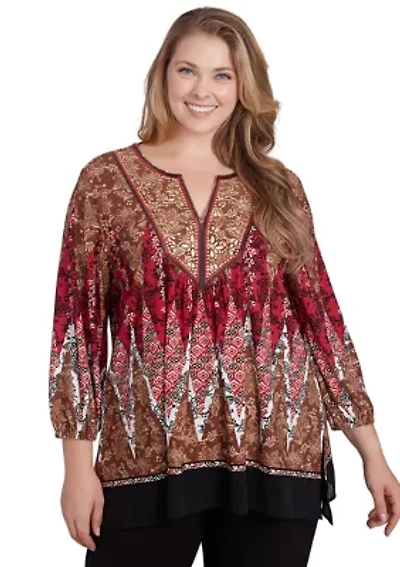 Plus Embellished Placket Decorative Border Print Knit Top with Three Quarter Balloon Sleeve