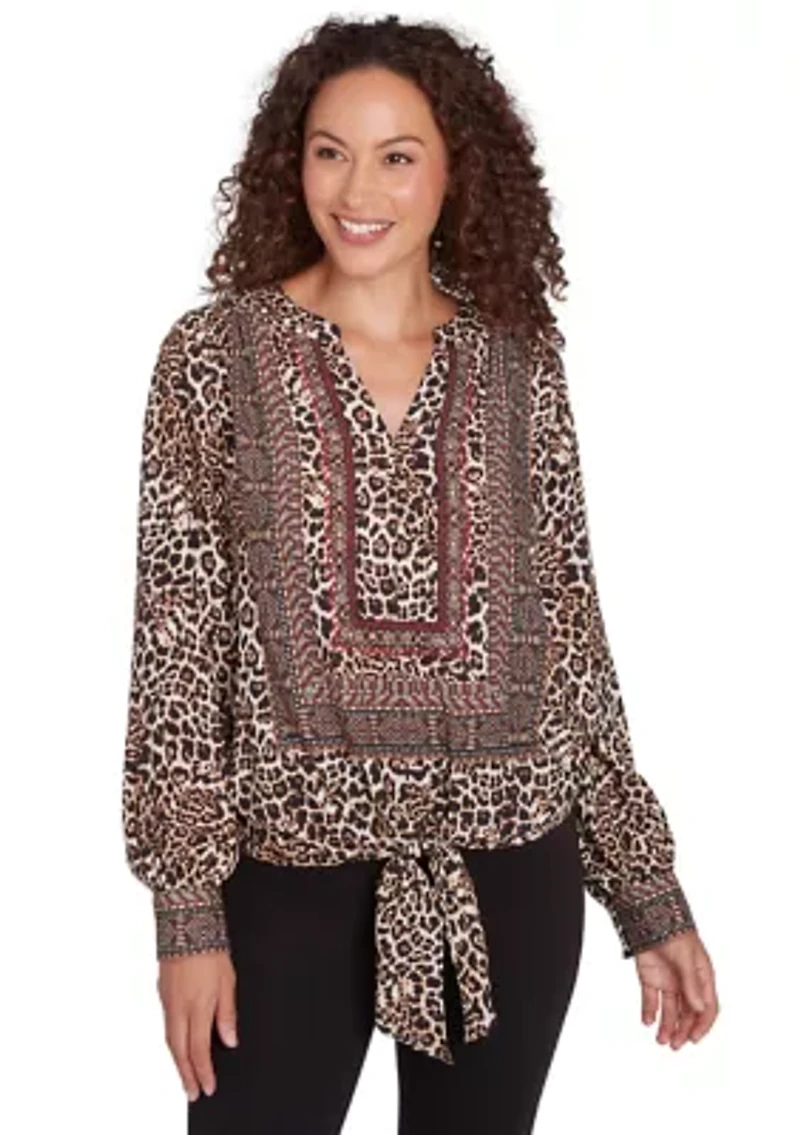Petite Split Neck Embellished Animal Placement Print Tie Front Top