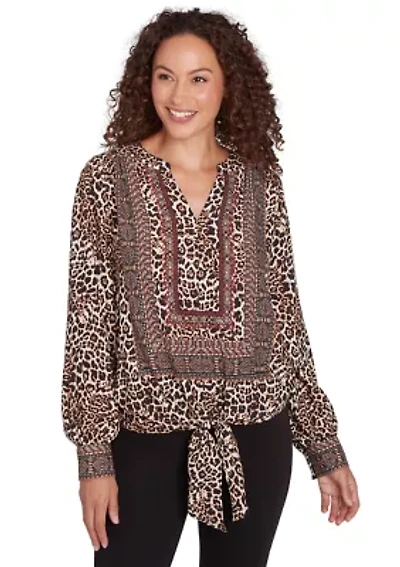 Petite Split Neck Embellished Animal Placement Print Tie Front Top
