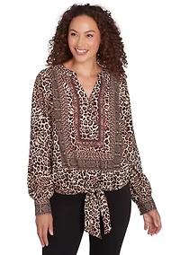 Petite Split Neck Embellished Animal Placement Print Tie Front Top