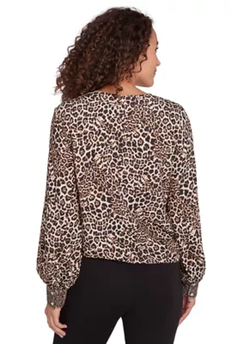 Petite Split Neck Embellished Animal Placement Print Tie Front Top