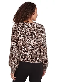 Petite Split Neck Embellished Animal Placement Print Tie Front Top