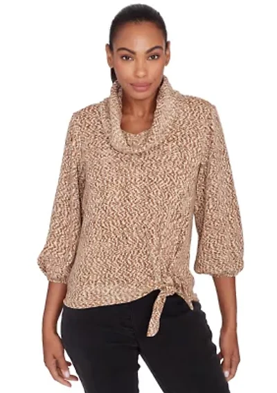 Petite Cowl Neck Space Dyed Chenille Top with Side Tie and Balloon Sleeves