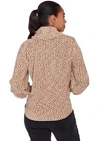 Petite Cowl Neck Space Dyed Chenille Top with Side Tie and Balloon Sleeves