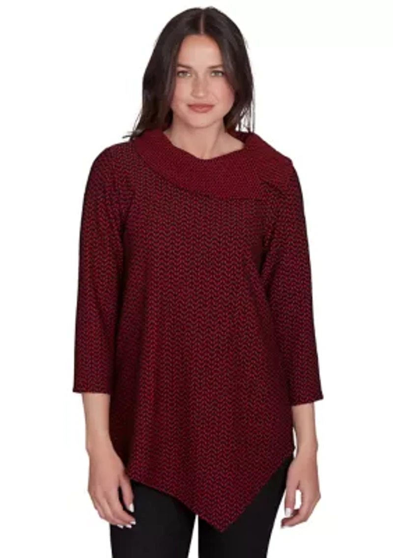 Petite Split Cowl Neck Textured Herringbone Jacquard Knit Top