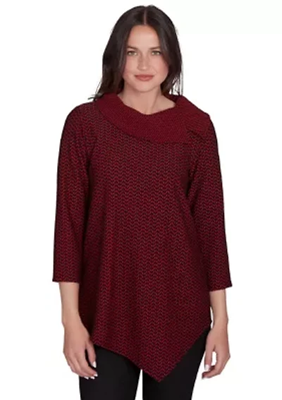 Petite Split Cowl Neck Textured Herringbone Jacquard Knit Top