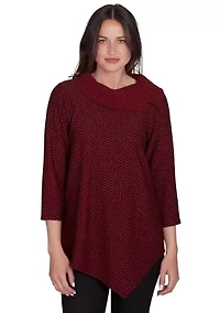 Petite Split Cowl Neck Textured Herringbone Jacquard Knit Top