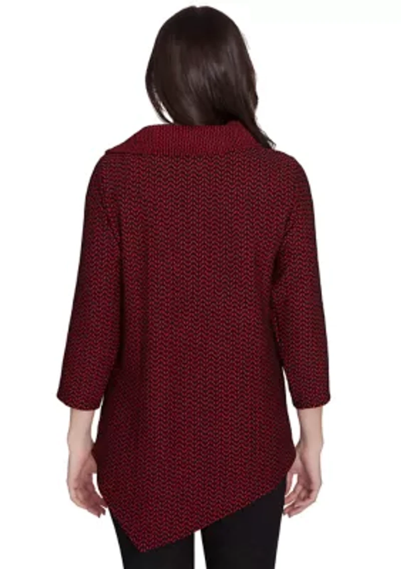 Petite Split Cowl Neck Textured Herringbone Jacquard Knit Top