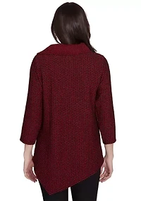 Petite Split Cowl Neck Textured Herringbone Jacquard Knit Top