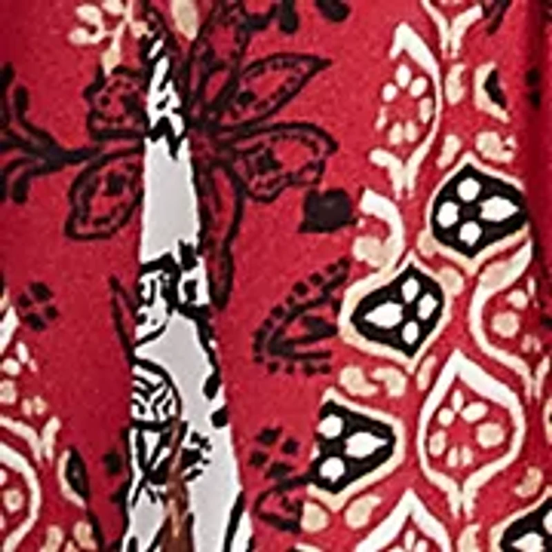 Petite Embellished Placket Decorative Border Print Knit Top With Three Quarter Balloon Sleeve