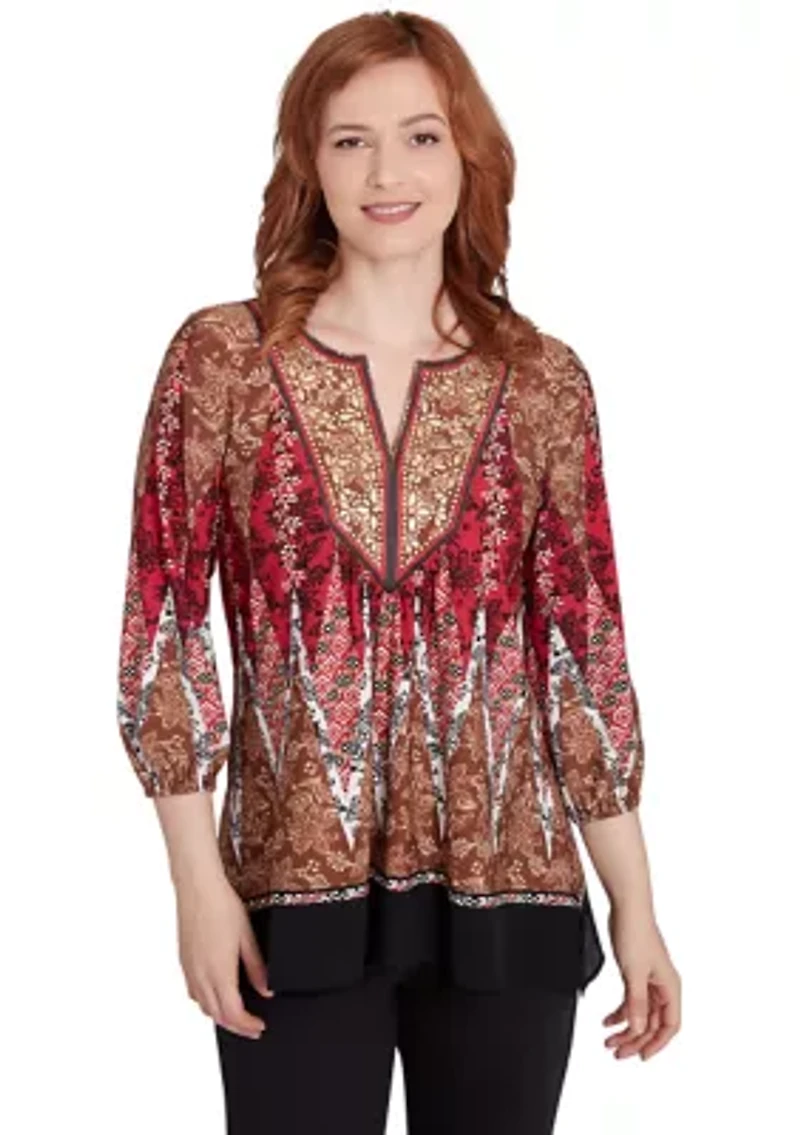 Petite Embellished Placket Decorative Border Print Knit Top With Three Quarter Balloon Sleeve