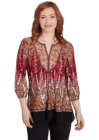 Petite Embellished Placket Decorative Border Print Knit Top With Three Quarter Balloon Sleeve