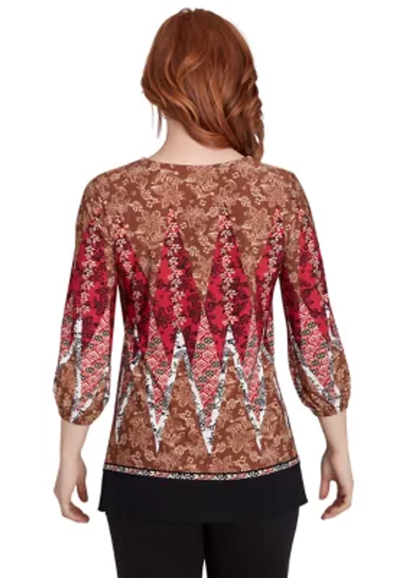 Petite Embellished Placket Decorative Border Print Knit Top With Three Quarter Balloon Sleeve
