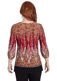 Petite Embellished Placket Decorative Border Print Knit Top With Three Quarter Balloon Sleeve
