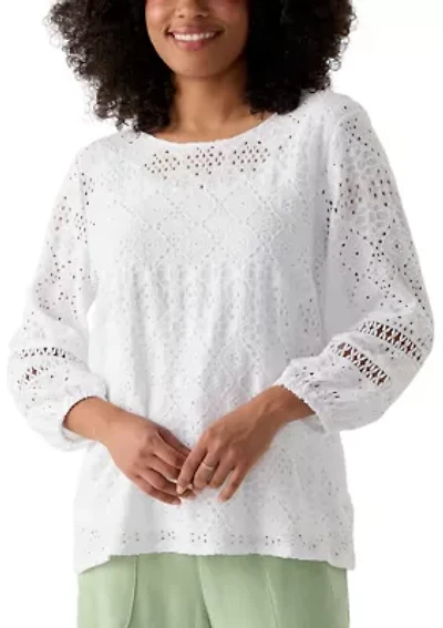 Women's Diamond Eyelet Solid Lined Crinkle Knit Top