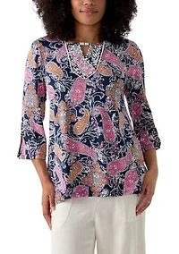 Women's Paisley Puff Print Beaded Neck Knit Top