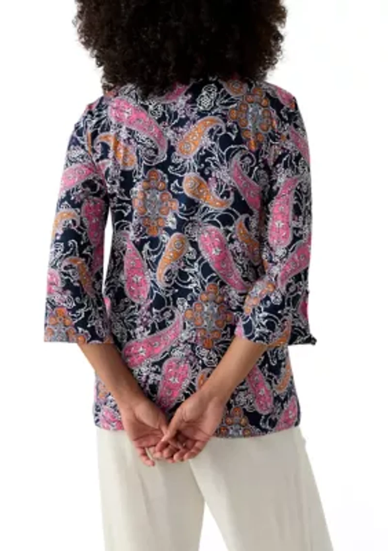 Women's Paisley Puff Print Beaded Neck Knit Top