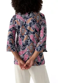 Women's Paisley Puff Print Beaded Neck Knit Top