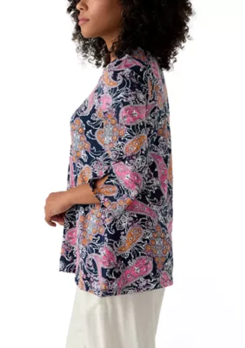 Women's Paisley Puff Print Beaded Neck Knit Top