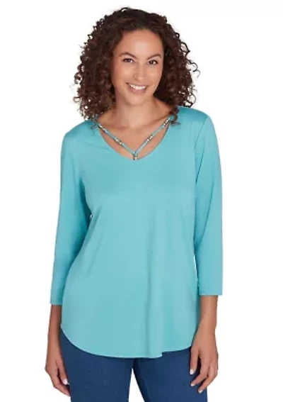 Women's V-Neck Solid Knit Top with Bead Detail