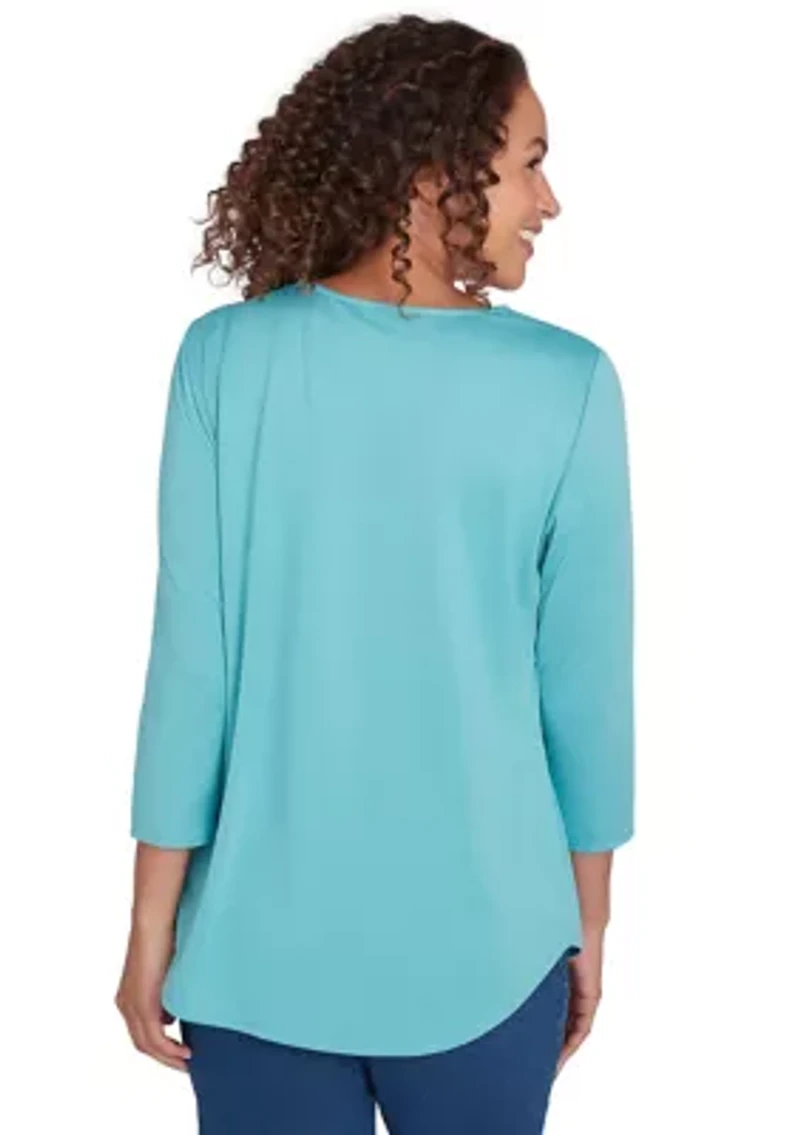 Women's V-Neck Solid Knit Top with Bead Detail