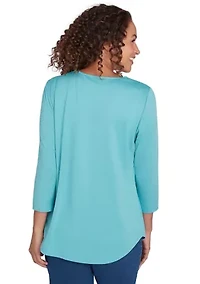 Women's V-Neck Solid Knit Top with Bead Detail