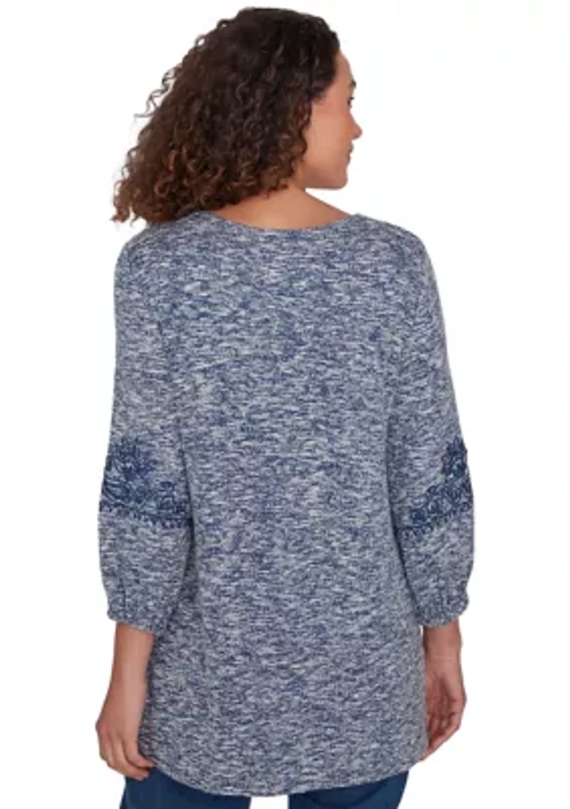 Embroidered V-Neck Hatchi Spacedye Knit Top With Balloon Sleeve