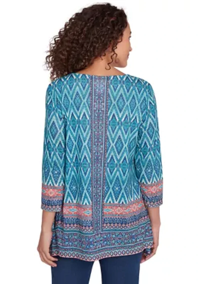 Women's Embellished Scoop Neck Placement Print Slub Jersey Shark Bite Top