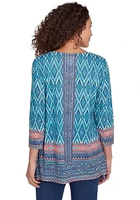 Women's Embellished Scoop Neck Placement Print Slub Jersey Shark Bite Top