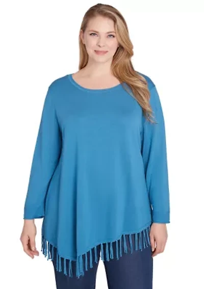 Plus Scoop Neck Solid Fine Gauge Pullover Sweater with Fringe Asymmetric Hem
