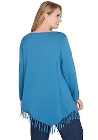Plus Scoop Neck Solid Fine Gauge Pullover Sweater with Fringe Asymmetric Hem