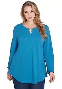 Plus Keyhole Neck with Ring Detail Solid Textural Knit Top