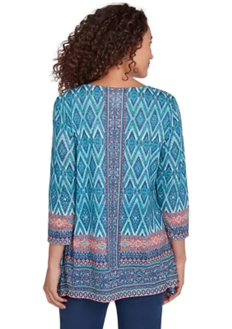 Plus Embellished Scoop Neck Placement Print Slub Jersey Shark Bite Top
