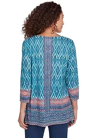 Plus Embellished Scoop Neck Placement Print Slub Jersey Shark Bite Top