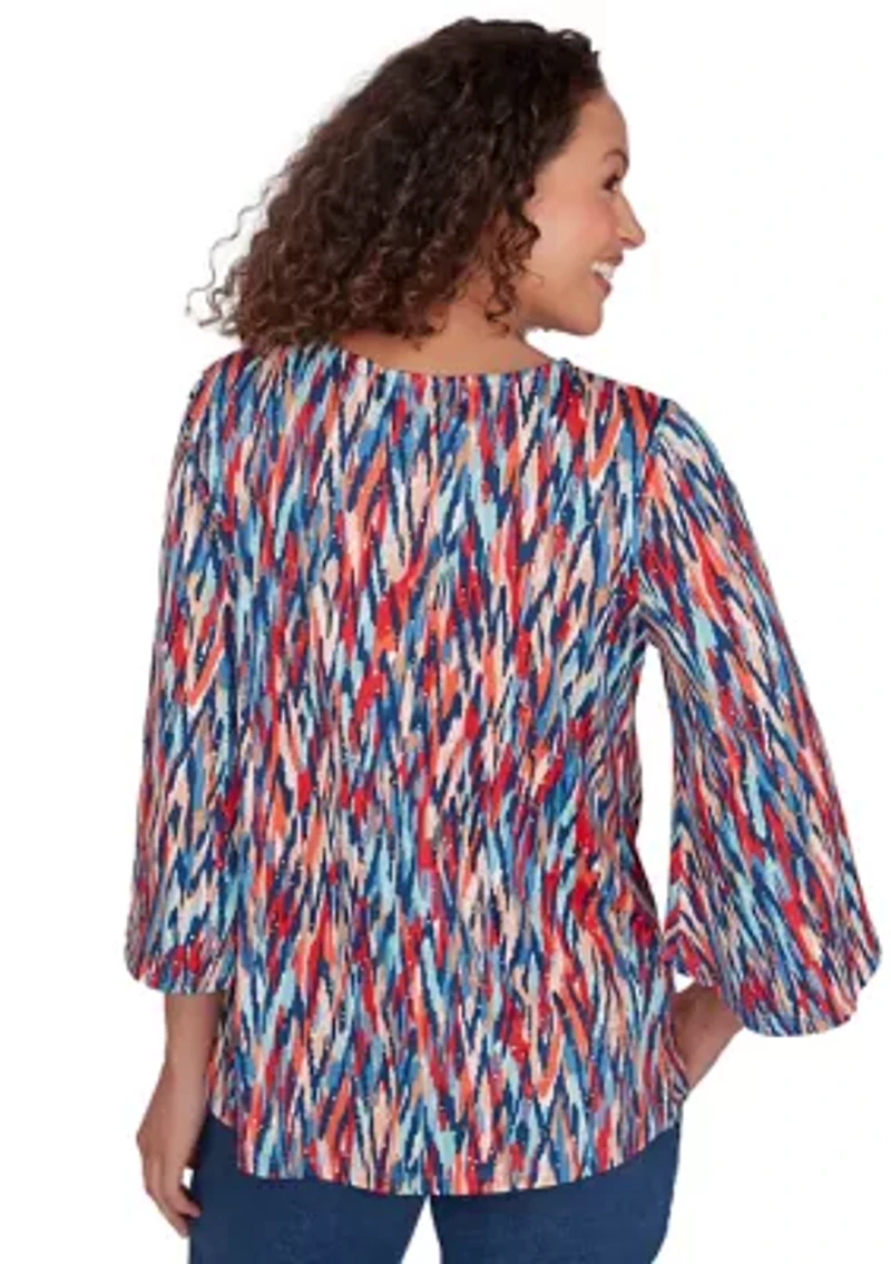 Petite Scoop Neck Ikat Dew Drop Printed Knit Top with Twist Front Detail
