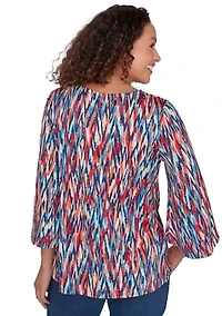 Petite Scoop Neck Ikat Dew Drop Printed Knit Top with Twist Front Detail
