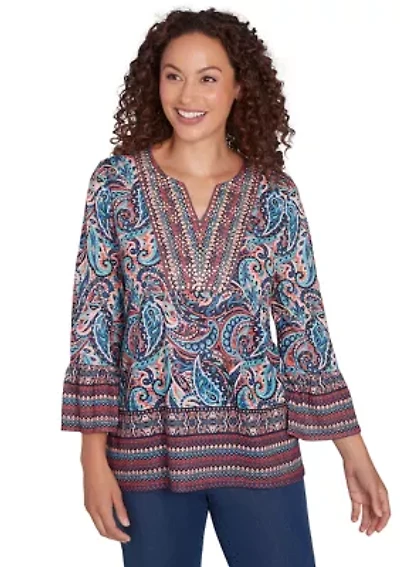 Petite Embellished Placket Paisley Print Slub Jersey Top