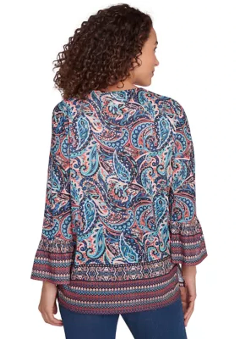 Petite Embellished Placket Paisley Print Slub Jersey Top
