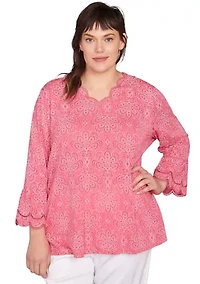 Plus Scalloped Puff Print Solid Burnout Top