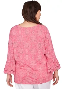 Plus Scalloped Puff Print Solid Burnout Top