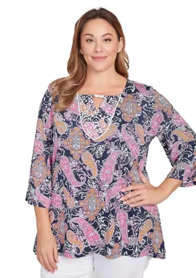 Women's Paisley Puff Print Beaded Neck Knit Top