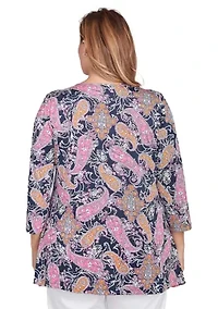 Women's Paisley Puff Print Beaded Neck Knit Top