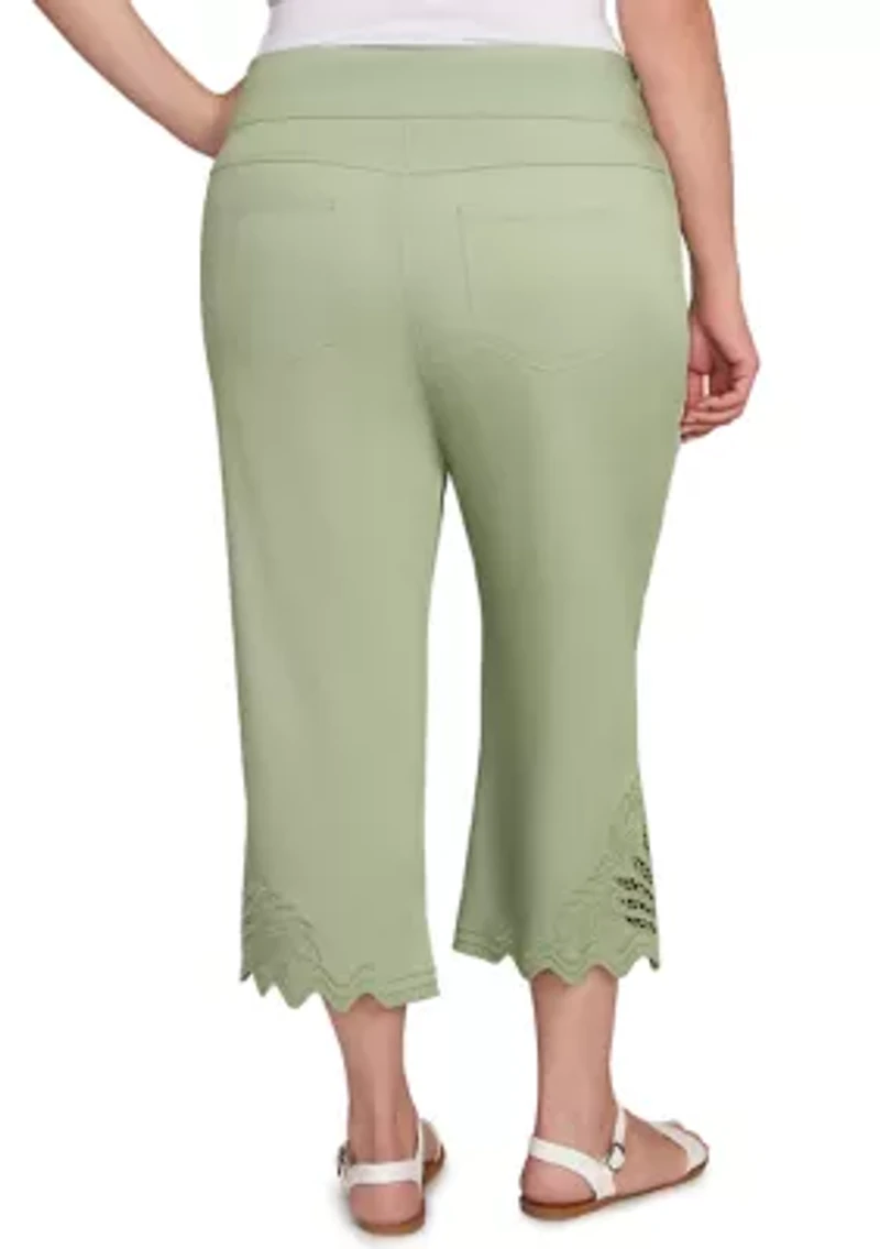 Plus Pull On Soft Denim Lace Inset Capri Pants