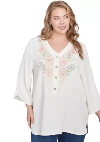 Plus Floral Embroidery Solid Gauze Henley Top