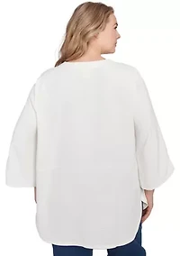 Plus Floral Embroidery Solid Gauze Henley Top