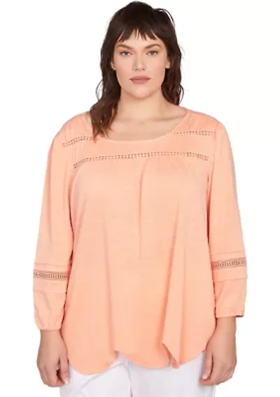 Plus Solid Slub Knit Lace Trim Top