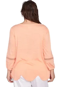 Plus Solid Slub Knit Lace Trim Top