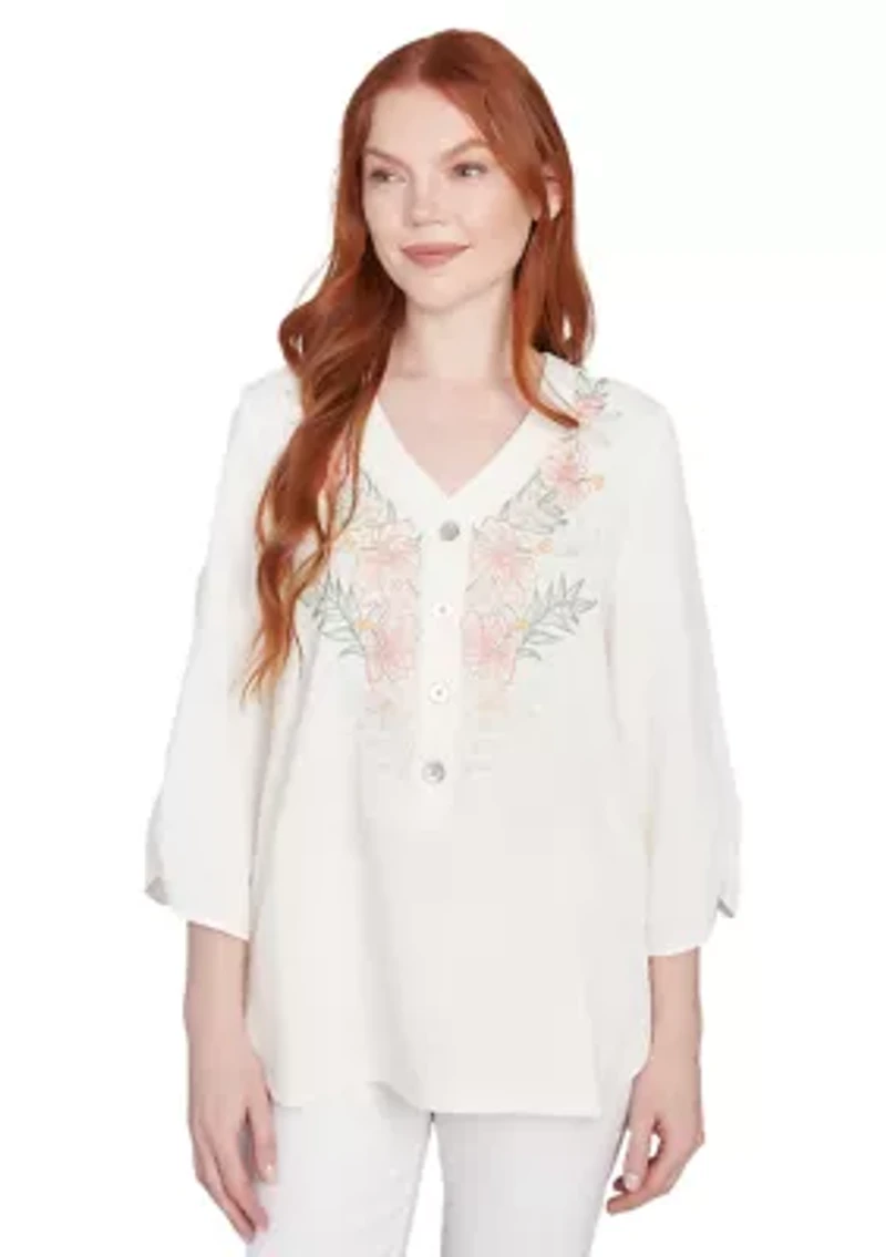 Petite Floral Embroidery Solid Gauze Henley Top