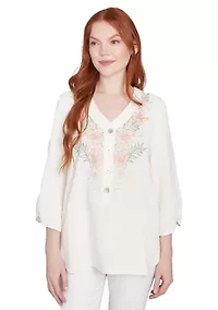 Petite Floral Embroidery Solid Gauze Henley Top