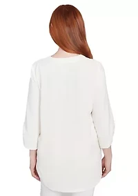 Petite Floral Embroidery Solid Gauze Henley Top